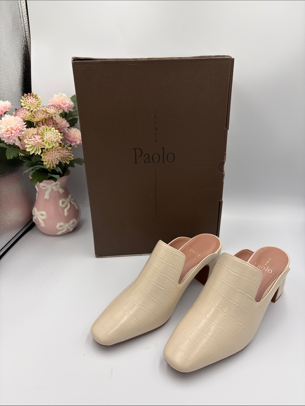 Paolo Cream Croc-Embossed Slip-On Mules